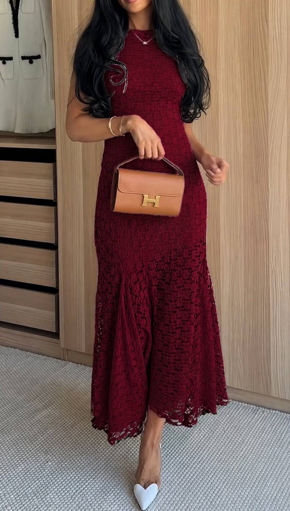 ZARA Lace Burgundy Maxi Dress