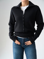 Black Ribbed Collar Knit Blouse
