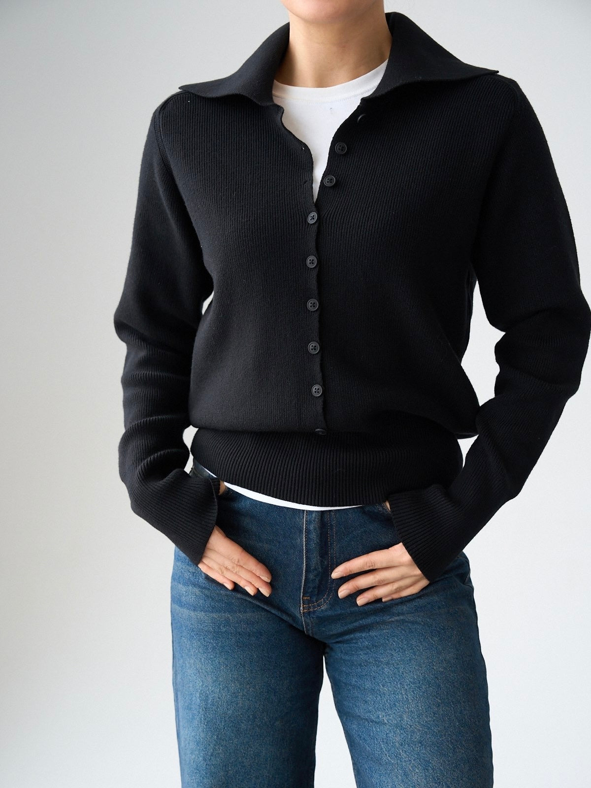 Black Ribbed Collar Knit Blouse